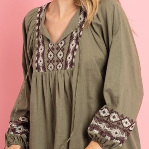 Olive Color, Embroidered Mini Dress/Tunic - Picture 3 of 4